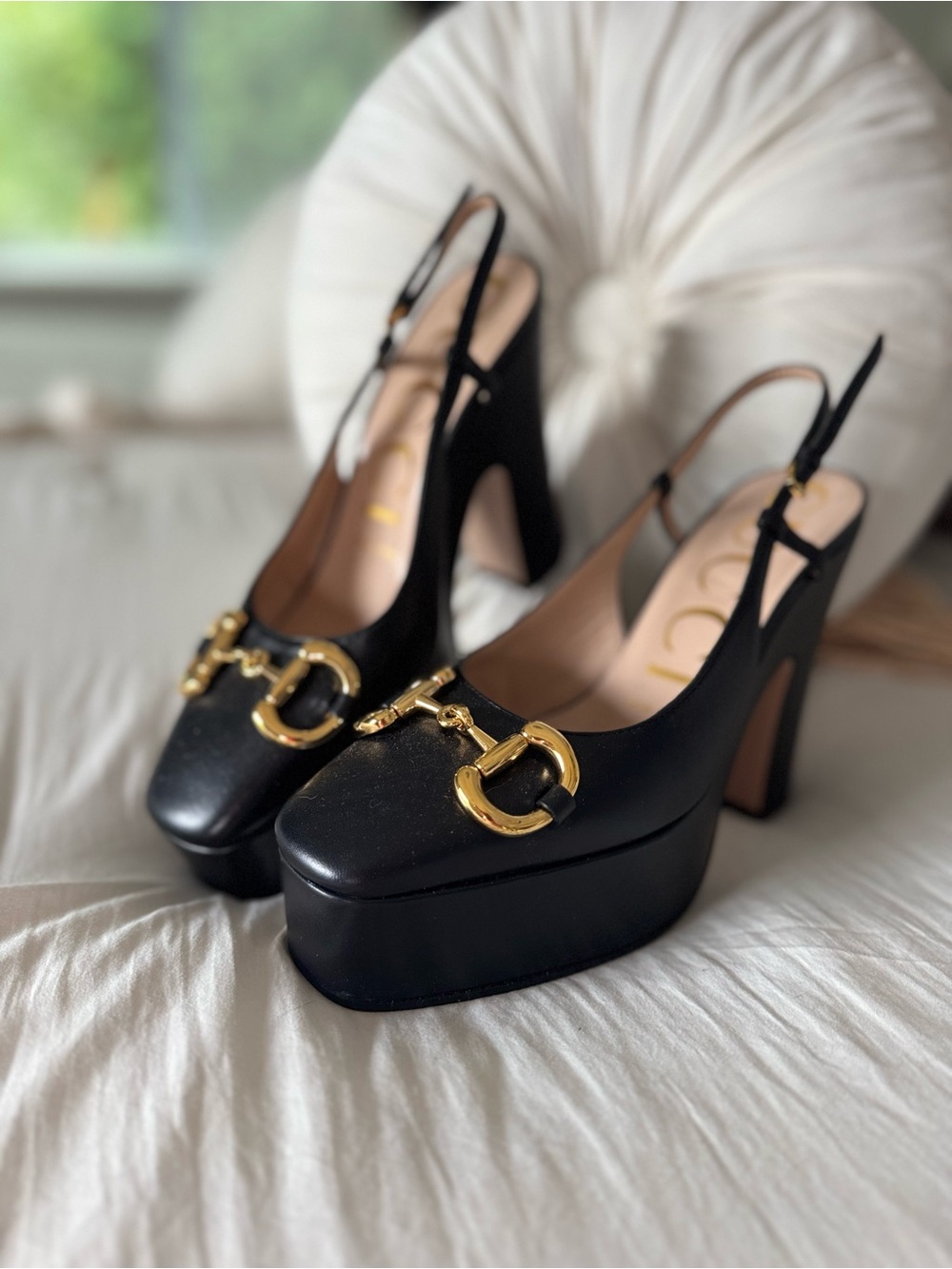 Gucci Black Platform Slingback Pumps with Gold Horsebit